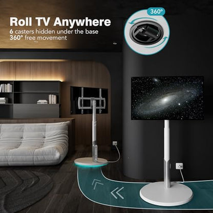 Floor Mobile TV Stand with Power Outlet, Rolling TV Cart for 27-70 Inch OLED LED Monitors, 6 Levels of Height Adjustment, Ambient Lighting on The Bottom Wheels Holds up to 88lbs, 400x400mm - color: White