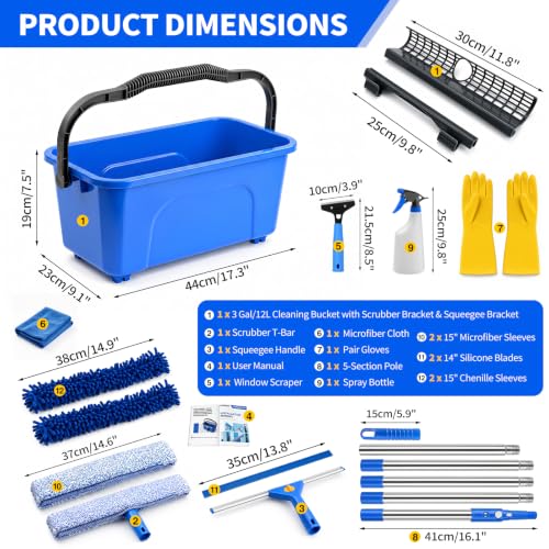 19-Piece Window Cleaning Kit with 3-Gallon Bucket, Professional Window Washing Kit with 78" Extension Pole, 14" Silicone Squeegee,15" Scrubber and Replacement Pads, for for Indoor and Outdoor Glass