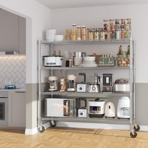 Himimi 72" H Storage Shelves 4 Tier Metal Shelving Adjustable Wire Shelf with Wheels, Heavy Duty Shelving for Garage Kitchen Pantry Bathroom Laundry,18" D*48" W*72" H, Silver - color: Silver, size: 18"D×48"W×72"H, 4-Tier