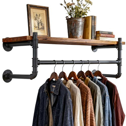 WEBI Wall Mounted Clothes Rack with Shelf,30" Industrial Pipe Clothing Rack with Shelf with Hanging Rod,Heavy Duty Iron Garment Rack Bar,Retail Display Clothes Rod for Laundry Room,Closet,Black - color: Black, size: 30 Inch