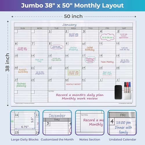 Extra Large Magnetic Dry Erase Calendar, 38x50” - color: Magnetic