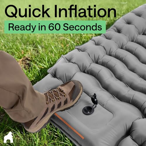GORILLA GRIP Slip-Resistant Inflatable Sleeping Pad with Grip Dots, Foot Pump, Puncture Resistant Lightweight Camping Mattress, Air Mats Travel Backpacking, Inflating Bed Camp Sleep Pads Tent, Gray - color: Gray