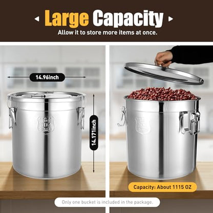 304 Stainless Steel Canister with Airtight Lids, 8.7 Gal Large Canisters Container w/Locking Clamp, Food Containers Storage Bucket for Flour Grain Coffee Bean (33L) - size: 33L