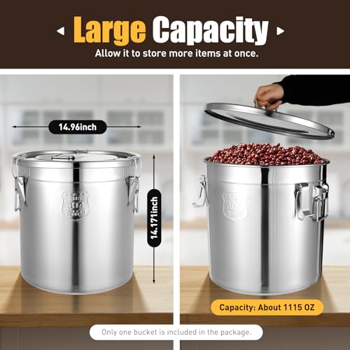 304 Stainless Steel Canister with Airtight Lids, 8.7 Gal Large Canisters Container w/Locking Clamp, Food Containers Storage Bucket for Flour Grain Coffee Bean (33L) - size: 33L