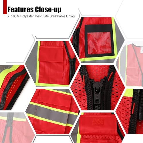 Reflective Safety Vest for Men Women Hi Vis Vest with 8 Pockets High Visibility Mesh Reflective Vest (Red-07,Large) - color: Red, size: Large