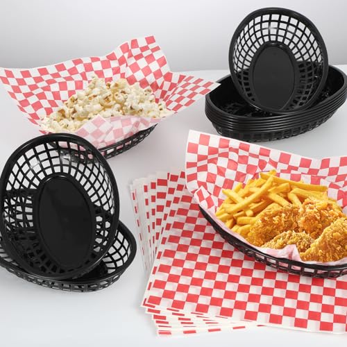 Rainmae Plastic Food Baskets with Deli Liners, 12 Fast Food Baskets, Oval Tray and Liners Reusable Chip Basket for Burgers, Sandwiches, Snacks, Candy Fruits, Restaurant Tray - Red Style - color: Black(12 Pcs+100 Red Deli Paper）