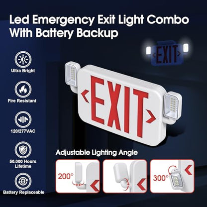 UL Led Exit Sign with Emergency Lights Battery Backup AC120/277V, 6 Pack - size: 6Pack