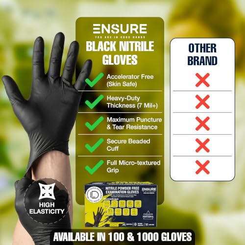 Ensure Black Nitrile Gloves Heavy-Duty Texture Grip Low Derma Patented - size: Small