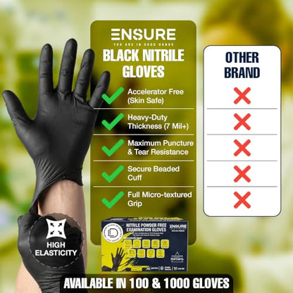 Ensure Black Nitrile Gloves Heavy-Duty Texture Grip Low Derma Patented - size: Large