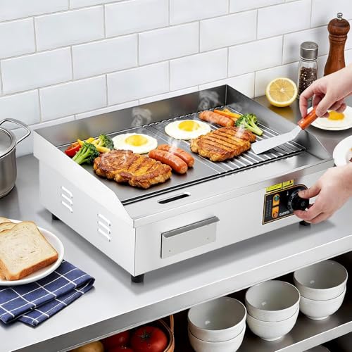 22” Commercial Electric Griddle, 120V 1750W Countertop Griddle, 120-570°F Adjustable Temp, Stainless Steel Electric Half-Flat Top Grill with Removable Drip Tray for Restaurant/Kitchen/Home - size: 22 inch (Half-Flat)