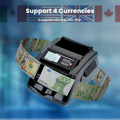 BODIOO Professional Money Counter Machine with UV/MG/IR/DD Detection, High-Speed 1000 Bills per Minute, USD and EUR Support, External LCD Display,Black