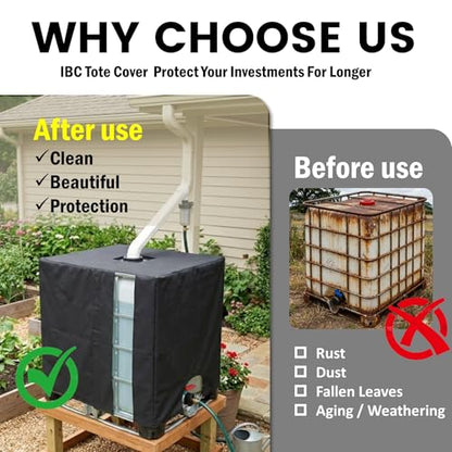 IBC Tote Cover, 420D Heavy Duty Waterproof Oxford Fabric for 1000L IBC Container Rain Water Tank Outdoor 275 Gallon Rain Barrel Foil Anti-Dust Cover Sun Protection Anti-UV