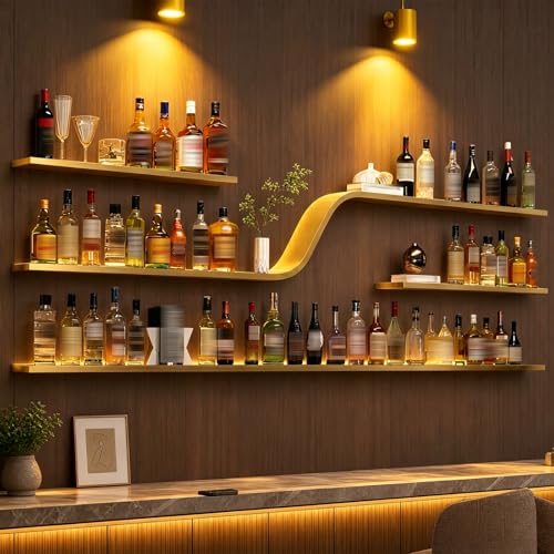 47in Gold Wall Mounted Wine Rack with LED Lights - color: Gold, size: 47in
