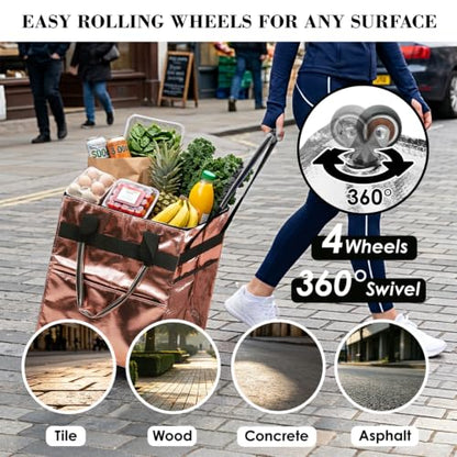 Reusable Grocery Bag on 4 Swivel Wheels, 60L Large Rolling Tote Bag - color: Pink