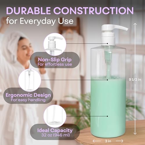 BRIGHTFROM Empty Shampoo Pump Bottles, 32 OZ/ 1 Liter, BPA-Free Cylinder Containers, Household & Commercial Use, 2 Pack - Leak Proof
