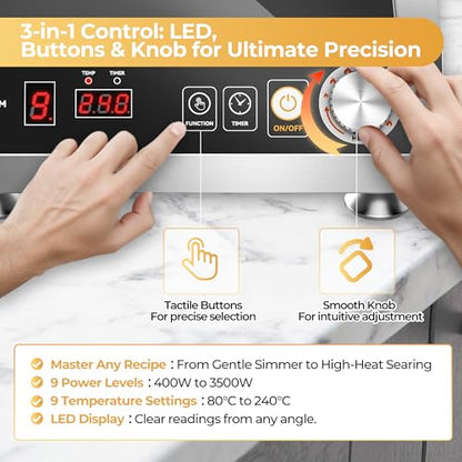 3500W Commercial Induction Cooktop, 220V Plug, Professional Heavy-Duty Portable Burner, 45s Fast Boil, 72H Continuous Use, Dual Fans, IPX4 Waterproof for Restaurants, Food Trucks, Catering