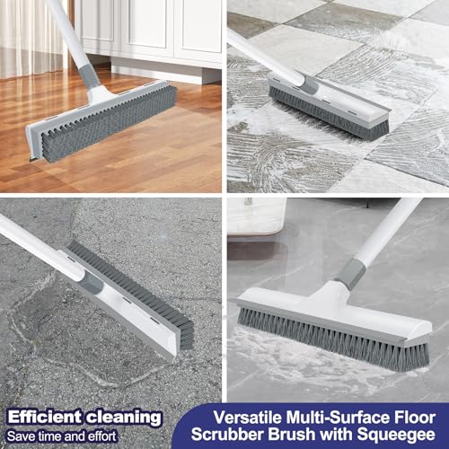 Yolaist 60 inch Long Handle Floor Scrub Brush, 2 in 1 Heavy Duty Hard Bristle Deck Scrubber & Squeegee for Tile, Wall, Concrete, Shower, Bathroom, Kitchen, Garage, Patio