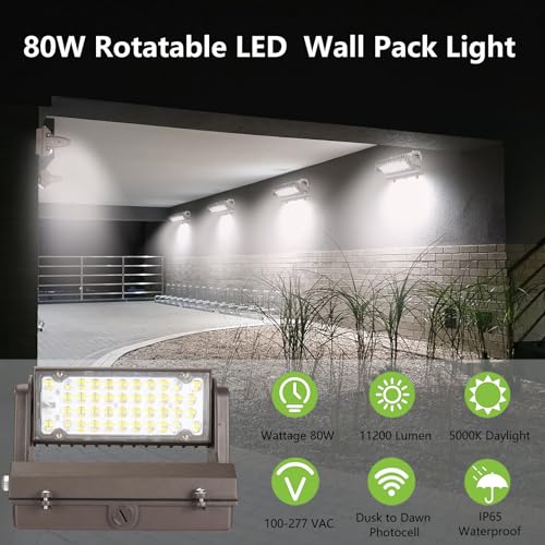Rotatable LED Wall Pack Light with Dusk to Dawn Photocell, 80W 11200LM 400-600W HPS/HID Equiv., 5000K Daylight ETL Commercial Outdoor Security Lighting for Warehouse, Entrance, Parking, Garage - size: 80W
