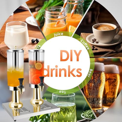 1.58 Gallon Beverage Dispenser with Stand, Insulated Drink Dispenser for Parties with Ice Chamber, Heavy Duty Stainless Steel Drip Tray for Coffee, Tea, Bar, Wedding (GOLD, 2 Head-1.58 GAL) - color: Gold
