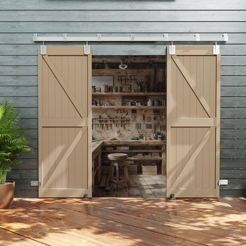 JUBEST 10FT Box Rail Exterior Barn Door Hardware Kit, Heavy Duty Sliding Barn Door Hardware, Wall Mount Barn Door Hardware for Two Door (Door NOT Include) - size: 10FT(for 2 door)