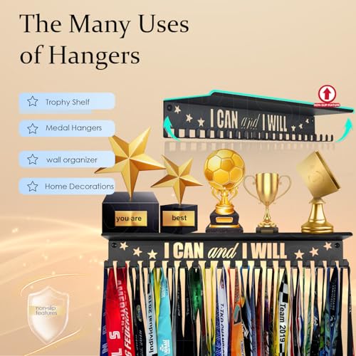 iBobbish Metal Medal Hanger Display,Non-Slip Trophy Shelf with 20 Hooks,Wall Mount,Heavy Duty,Non-Bent,Holds 22-33lbs,for Gymnastics,Race,Soccer,Swim - color: Black, style: NON-SLIP I CAN and I WILL