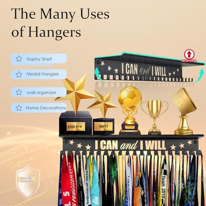 iBobbish Metal Medal Hanger Display,Non-Slip Trophy Shelf with 20 Hooks,Wall Mount,Heavy Duty,Non-Bent,Holds 22-33lbs,for Gymnastics,Race,Soccer,Swim - color: Black, style: NON-SLIP I CAN and I WILL