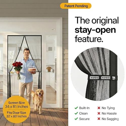 AUGO Magnetic Screen Door - Self Sealing, Heavy Duty, Hands Free Mesh Partition Keeps Bugs Out - Pet and Kid Friendly - Patent Pending Keep Open Feature - 34 Inch x 81 Inch - size: 34" x 81"