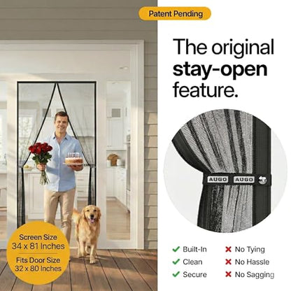 AUGO Magnetic Screen Door - Self Sealing, Heavy Duty, Hands Free Mesh Partition Keeps Bugs Out - Pet and Kid Friendly - Patent Pending Keep Open Feature - 34 Inch x 81 Inch - size: 34" x 81"