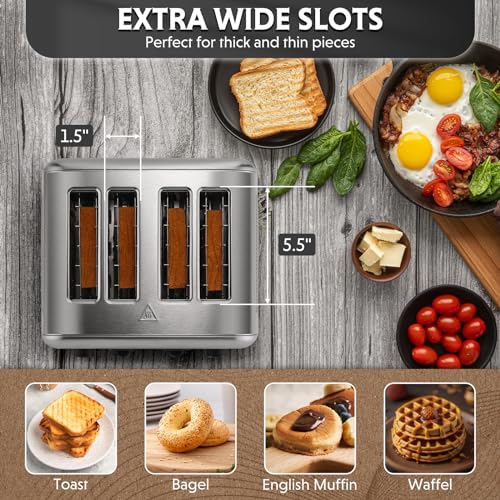 BUYDEEM DT440 4-Slice Toaster, 6 Shade Settings, 1.5" Wide Slots, Silver - size: 4-Slice