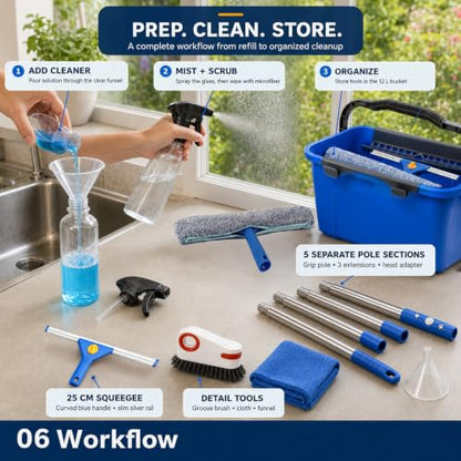 Window Cleaning Kit with 3 Gallon Bucket, 76" Extendable Window Squeegee and Microfiber Scrubber, Complete Window Washing Tools with Spray Bottle, Brush, Cloth and Funnel for Home and Commercial Use
