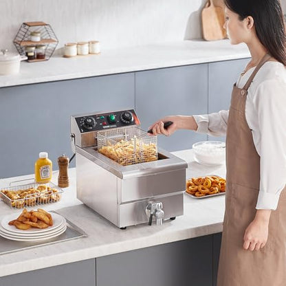 VEVOR Commercial Deep Fryer, 1500W Electric Countertop Fryer with Basket, 11.6Qt / 11L Stainless Steel Single Oil Fryer with Time & Temp Control, Overheat Protection, for Kitchen Restaurant Use - size: Single Fryer, style: Upgraded with Timer & Oil Filtra