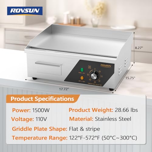 ROVSUN 18" Electric Countertop Flat Top Griddle, 1500W Electric Griddle, Teppanyaki Grill Stainless Steel with Adjustable Temperature Control 122°F-572°F for Commercial Home Restaurant, Plug - size: 18"