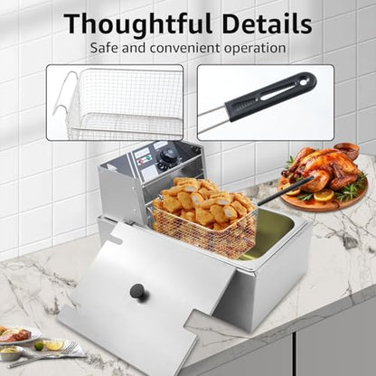 Commercial Deep Fryer with Baskets, 2500W Thickened Stainless Steel Electric Oil Fryer, Large Capacity with Temperature Control (6L) - size: 6L
