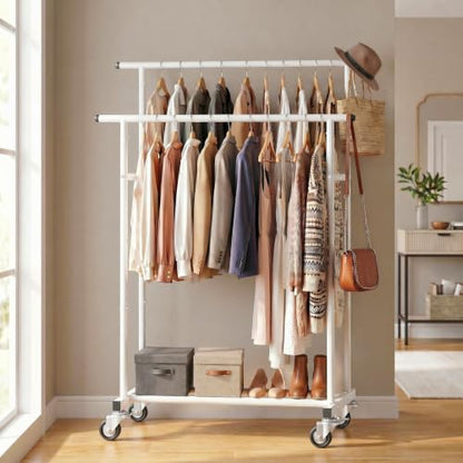 Calmootey Rolling Garment Rack, Sturdy Clothes Organizer for Bedroom - color: White, style: Double Rods