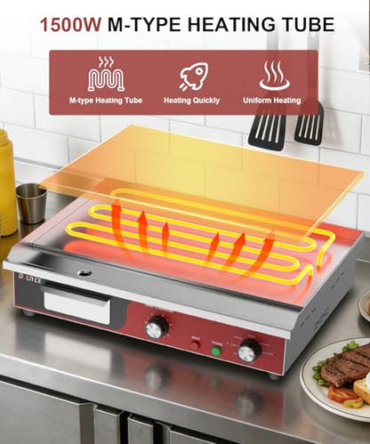 22" Commercial Electric Griddle 1500W, Flat Top Grill with 5-Min Reminder Timer, Adjustable Temp Control (122°F-572°F), Stainless Steel Countertop Griddle for Restaurant & Home Kitchen - size: 22"