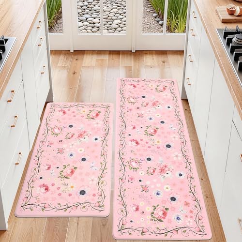 Pink Kitchen Mats for Floor Floral Cushioned Anti Fatigue Mats for Kitchen Floor for Sink, Stove, Desk, Laundry,17"x30"+17"x47", Baby Pink - color: Baby Pink, size: 17"x30"+17"x47"