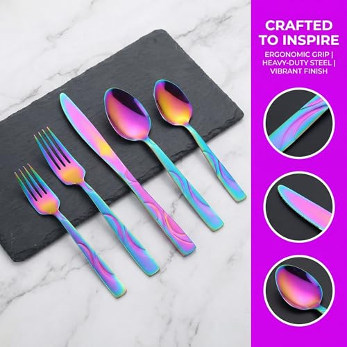 60-Piece Rainbow Silverware Set for 12, Stainless Steel Cutlery Set - color: Rainbow, size: 60-Piece