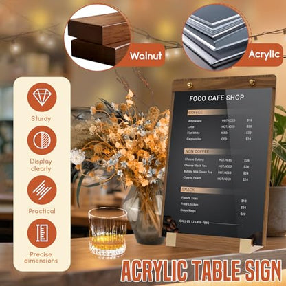 4 Pack Acrylic Sign Holder 8.5 x 11 with Walnut Wood Base, Tabletop Clear Display Stand for Restaurant Menus, Office Flyers & Wedding Table Numbers - color: 4 Pack
