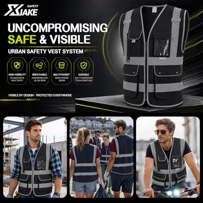 XIAKE Reflective Safety Vest for Men & Women High Visibility Class 2 Vest with Pockets Meets ANSI Standards - color: Black, size: X-Large