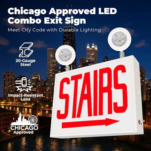 LFI Lights® Chicago Approved Combo Exit Sign with Emergency Lights, UL 924 Listed,(Stairs Right Arrow), Red LED, White, Steel Housing, Glass Panel, 120-277VAC Wall, Ceiling or Side Mount, Hardwired with Battery Backup CHCORWBBSTAIRRA - style: STAIRS Right