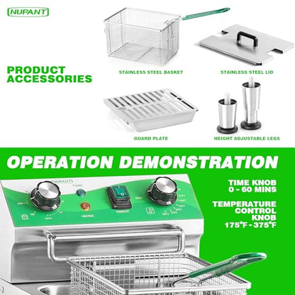 NUPANT 24L/25.4QT Commercial Deep Fryer with 2 Baskets and Lids, 110V Electric Fryer with Oil Filtration and Timer, Stainless Steel Large Double Tank Fryer Countertop Deep Fryer for Restaurant 3500W - size: 24L