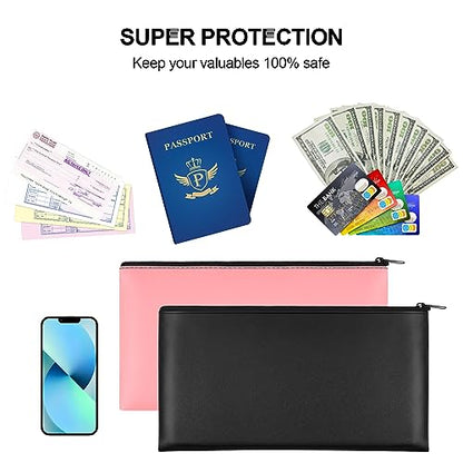 2 PCS Money Bag 11"x6.1", Safe Durable Waterproof Bags With Zipper for Cash, Coin Bank PU Leather Pouch, Bank Bags for Checks, Cosmetics, Bills, Receipts, Tool Storage - color: 1 Pieces Black & 1 Pieces Pink