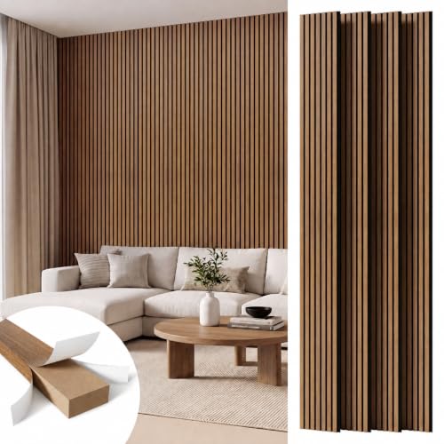 Amsleekey 4-Pack 108″x11″ Acoustic Wood Slat Wall Panels, 8 Hooks, Teak - color: Teak, size: 108 x 11 in - 4 pcs