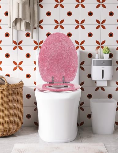 Angol Shiold ELONGATED Pink Glitter Resin Slow Close Toilet Seat 18.5Inch - color: Pink Glitter