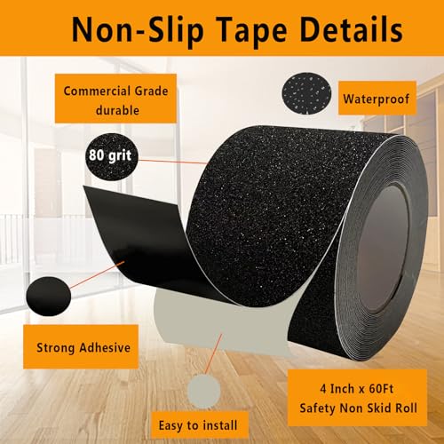 Danlaila Anti Slip Grip Tape Heavy Duty for Stairs 4inch × 60Ft Outdoor/Indoor Waterproof Safety Non Skid Roll for Stair Steps Ramp Traction Tread Staircases Grips Adhesive Non Slip Strips Walk- Black - color: Black