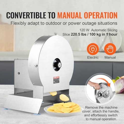 VEVOR Electric Vegetable Slicer, 0-0.5"/0-12mm Thickness Adjustable Commercial Slicer Machine, Convertible to Manual, Stainless Steel Food Cutter Slicing Machine, Large Feed Port for Potato, Tomato - size: Electric-Vegetable-Large-Stainless Steel