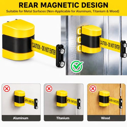 6 Pack Magnetic Retractable Wall Mount Barrier, 16.4 ft Crowd Control Safety High Visibility Caution Belt with Heavy Duty ABS Case for Retail, Stadium, Warehouse & Loading Dock