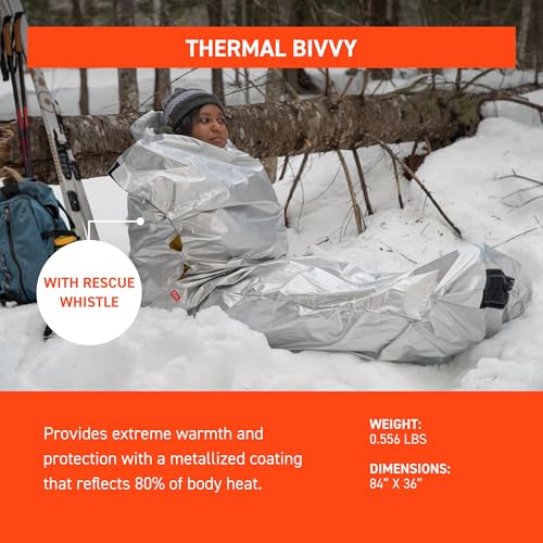 SOL Thermal Bivvy with Rescue Whistle, Silver, 80% Heat, 84" x 34"