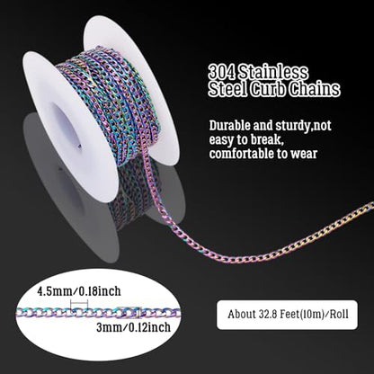 Craftdady 32.8 Feet Stainless Steel Twisted Curb Chain Link Multi-Color Unwelded Cable Cross Chain 4.5x3mm with Spool for Jewelry Pendant Necklace Bracelet Making - color: Multi-Colors, 10 Meters, 4.5x3mm