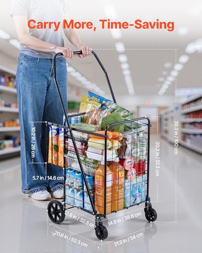 VEVOR Shopping Cart, Folding Grocery Utility Cart with Dual Baskets, Waterproof Liner & Wheels, 100 LBS Large Load Capacity, Heavy Duty Laundry Basket for Laundry, Shopping, Camping, Grocery, Luggage - size: Medium